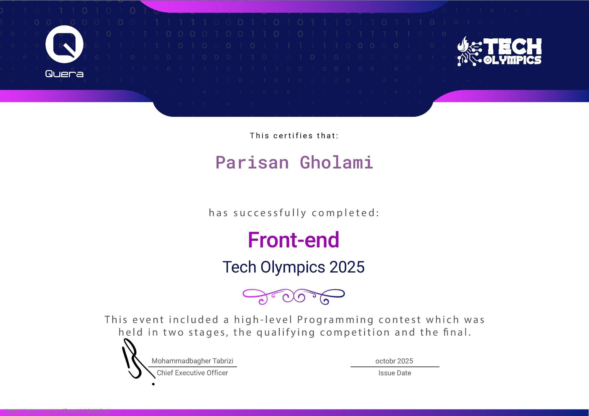 Tech Olympics 2025 Certificate